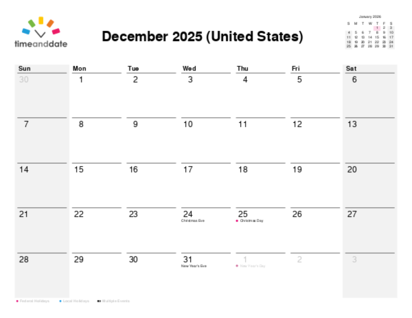 Calendar for 2026 in United States